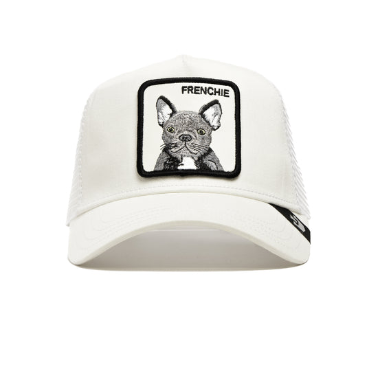 Weiße Trucker-Cap mit schwarzem Bulldoggen-Patch und Schriftzug "Frenchie" vorne.