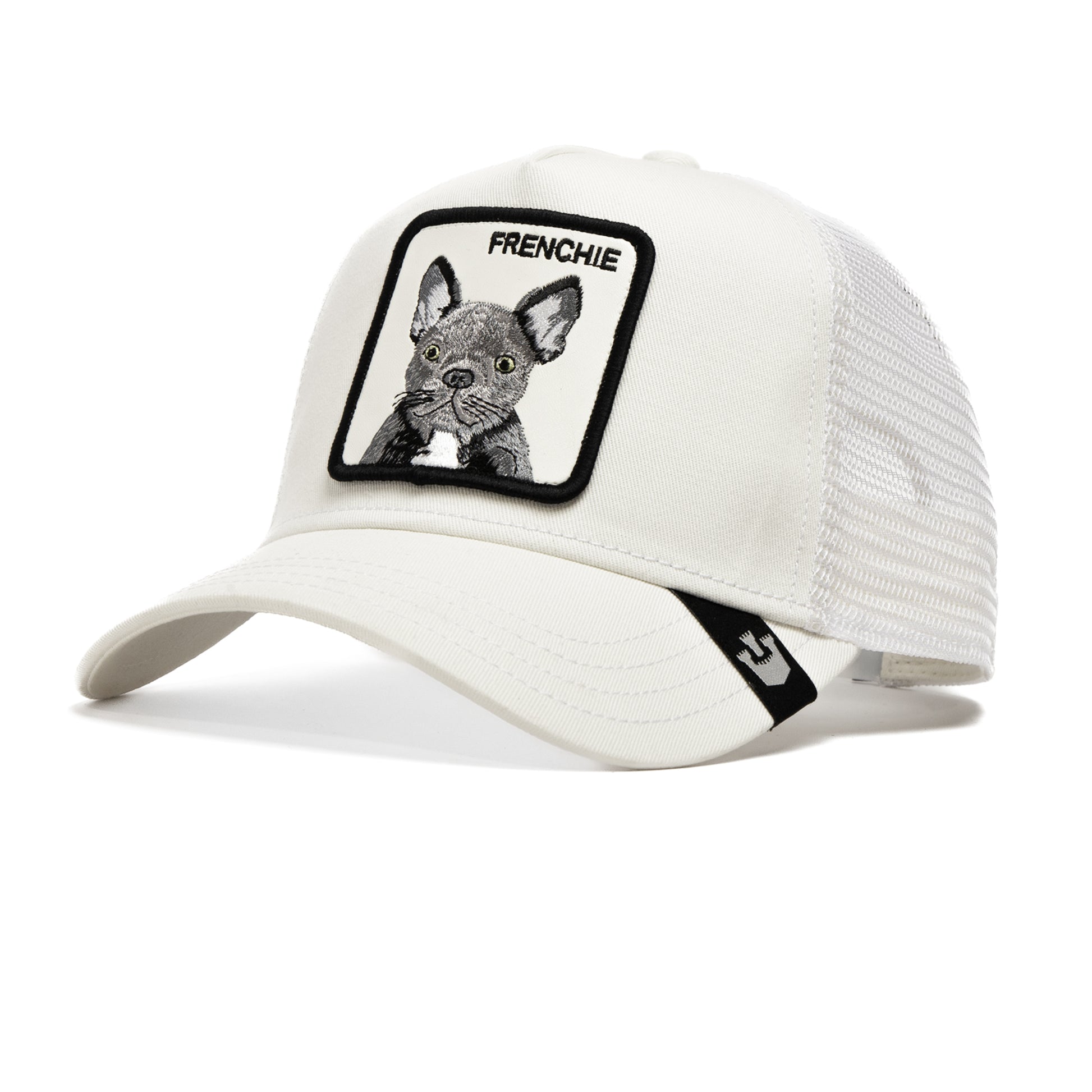 Weiße Trucker-Cap mit schwarzem französische Bulldogge Patch und Netzrückseite.