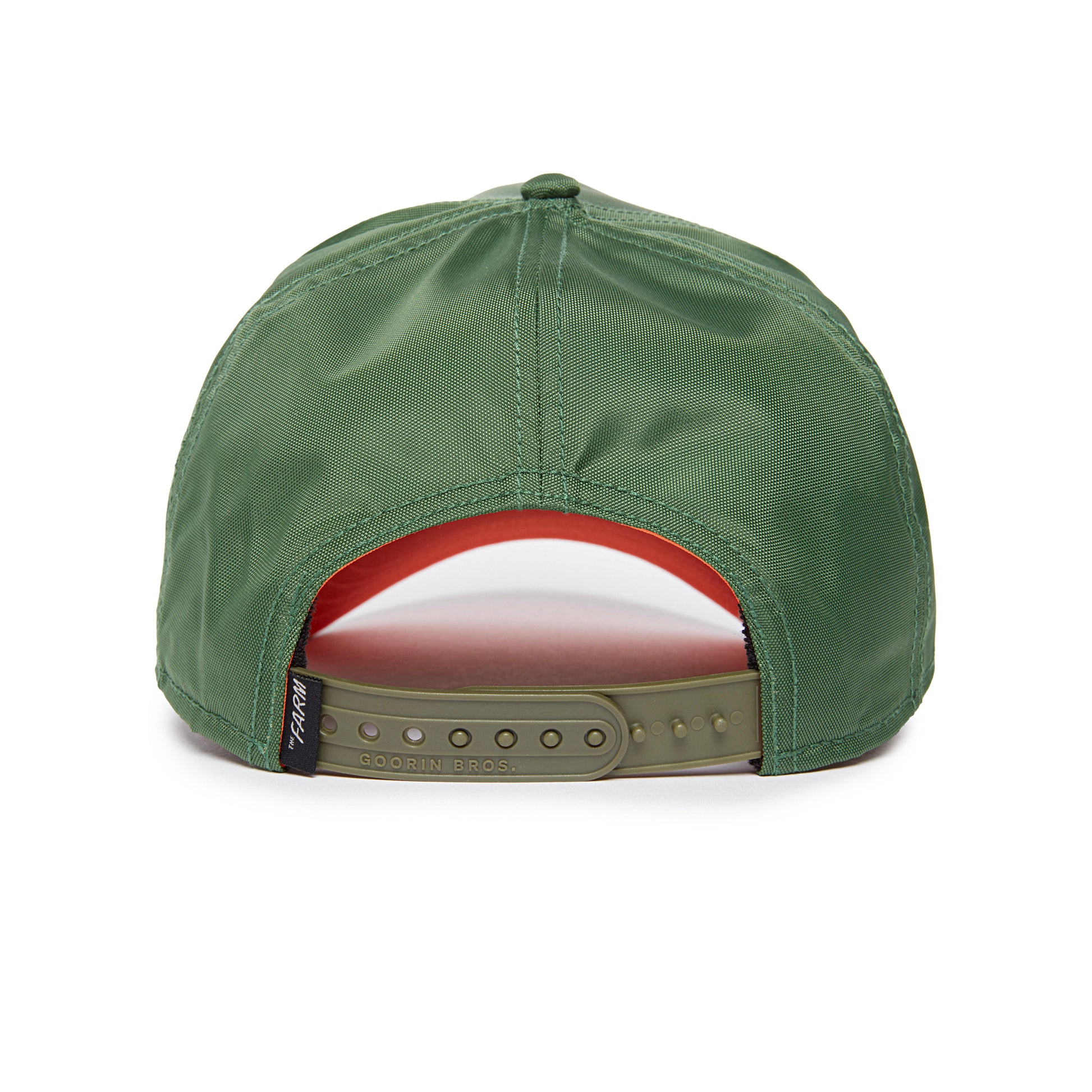 Grüne Goorin Cap The Stag mit verstellbarem Verschluss und rotem Innenfutter.