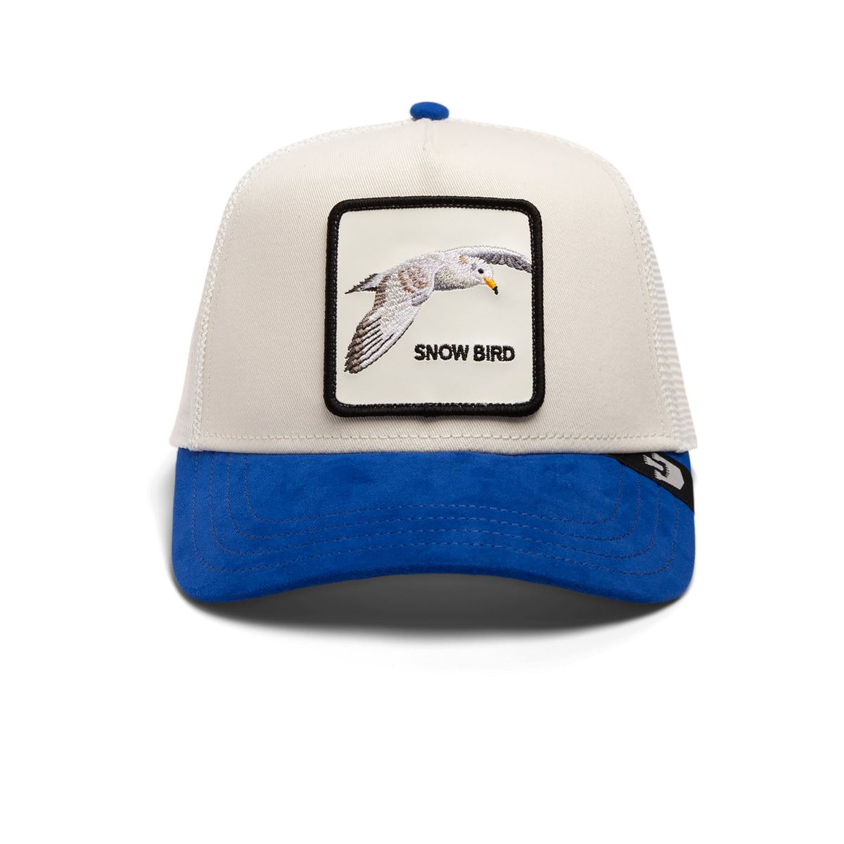 Weiß-blaue Trucker-Cap aus Velours mit Möwen-Patch und gesticktem Schriftzug "Snow Bird".