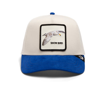 Weiß-blaue Trucker-Cap aus Velours mit Möwen-Patch und gesticktem Schriftzug "Snow Bird".