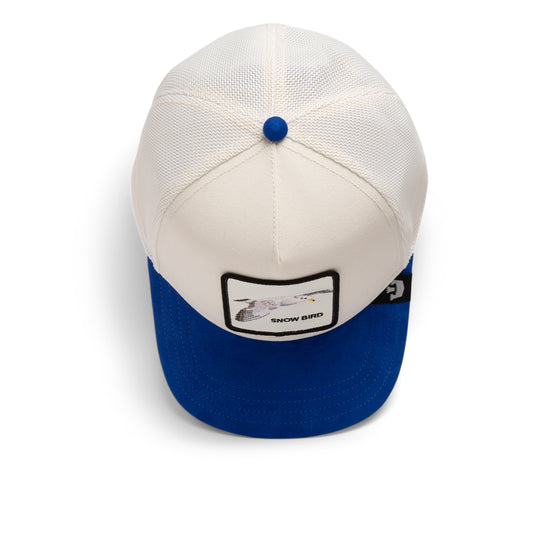 Weißes Trucker-Cap mit blauem Schirm und blauem Knopf, Veloursmaterial, rechteckiges Logo mit Möwenmotiv vorne.