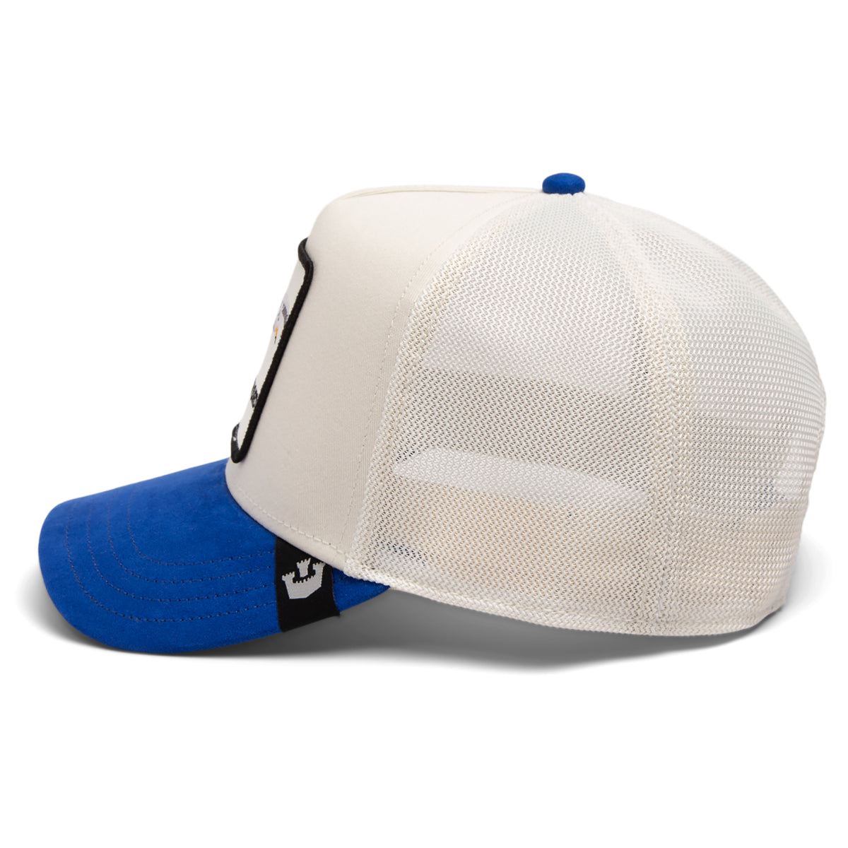 Blaues Wildleder-Trucker-Cap mit weißem Netzrücken und Möwen-Patch vorne.