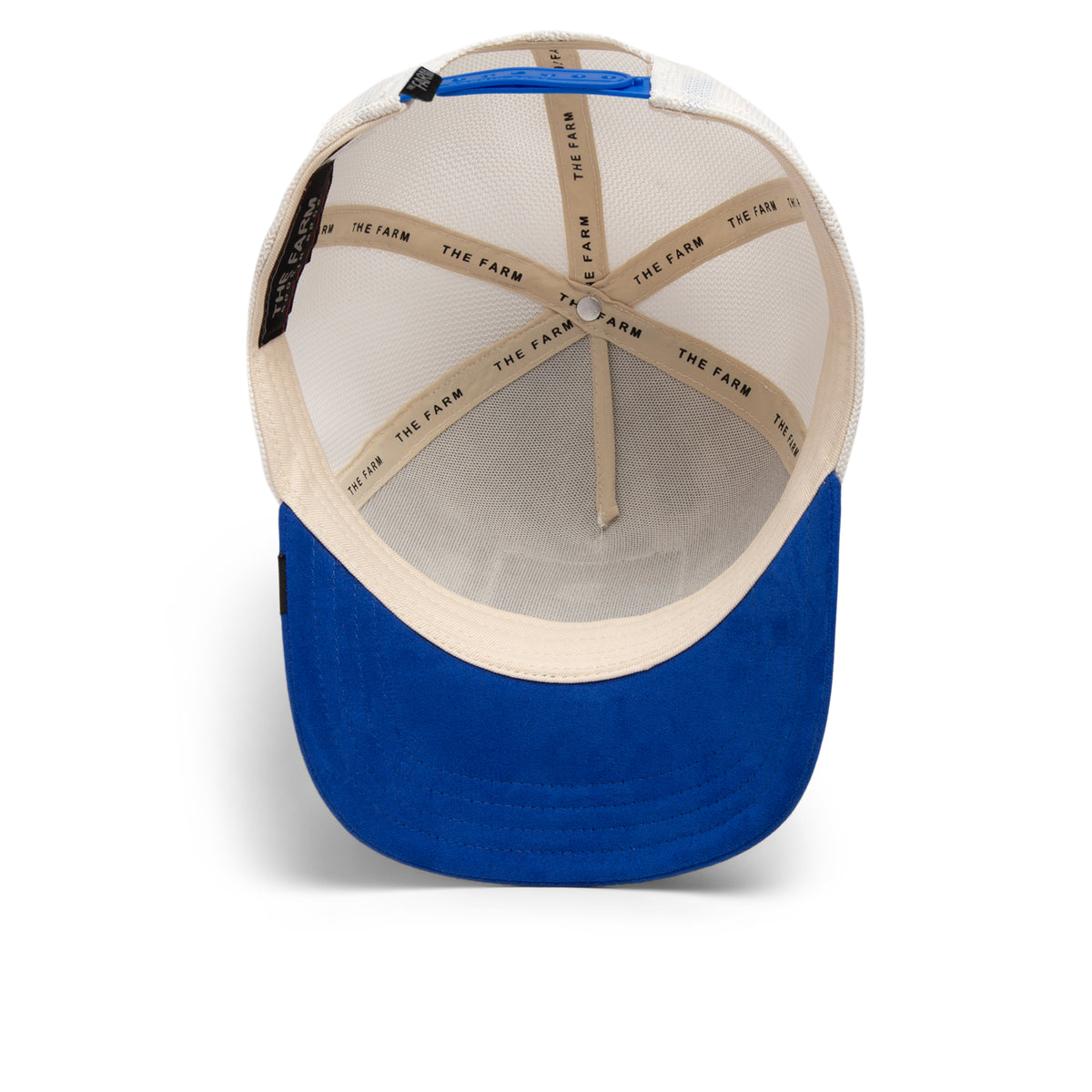 Blaues Trucker-Cap mit Wildleder-Schirm und weißem Innenband, verstellbar hinten.
