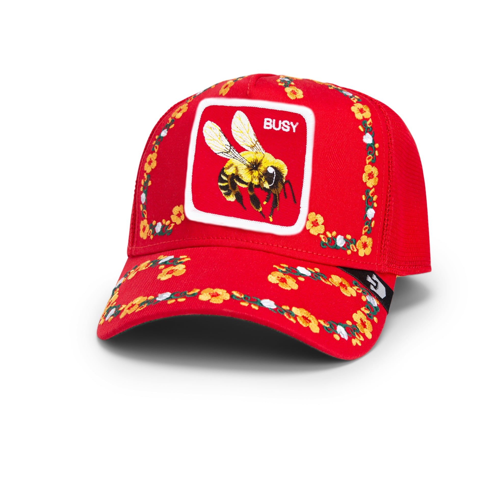 Rote Trucker-Cap mit Bienen- und Blumenmuster sowie gesticktem Biene-Motiv und "BUGY"-Schriftzug.