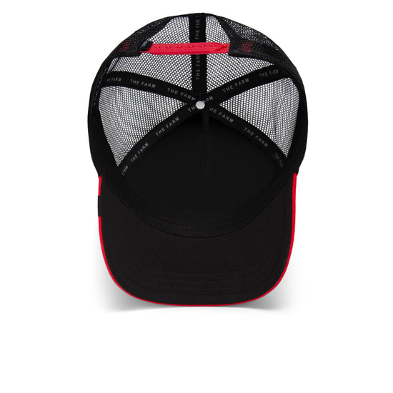 Schwarze Trucker-Cap mit rotem Rand und Netzr�ckseite, verstellbarer Verschluss.