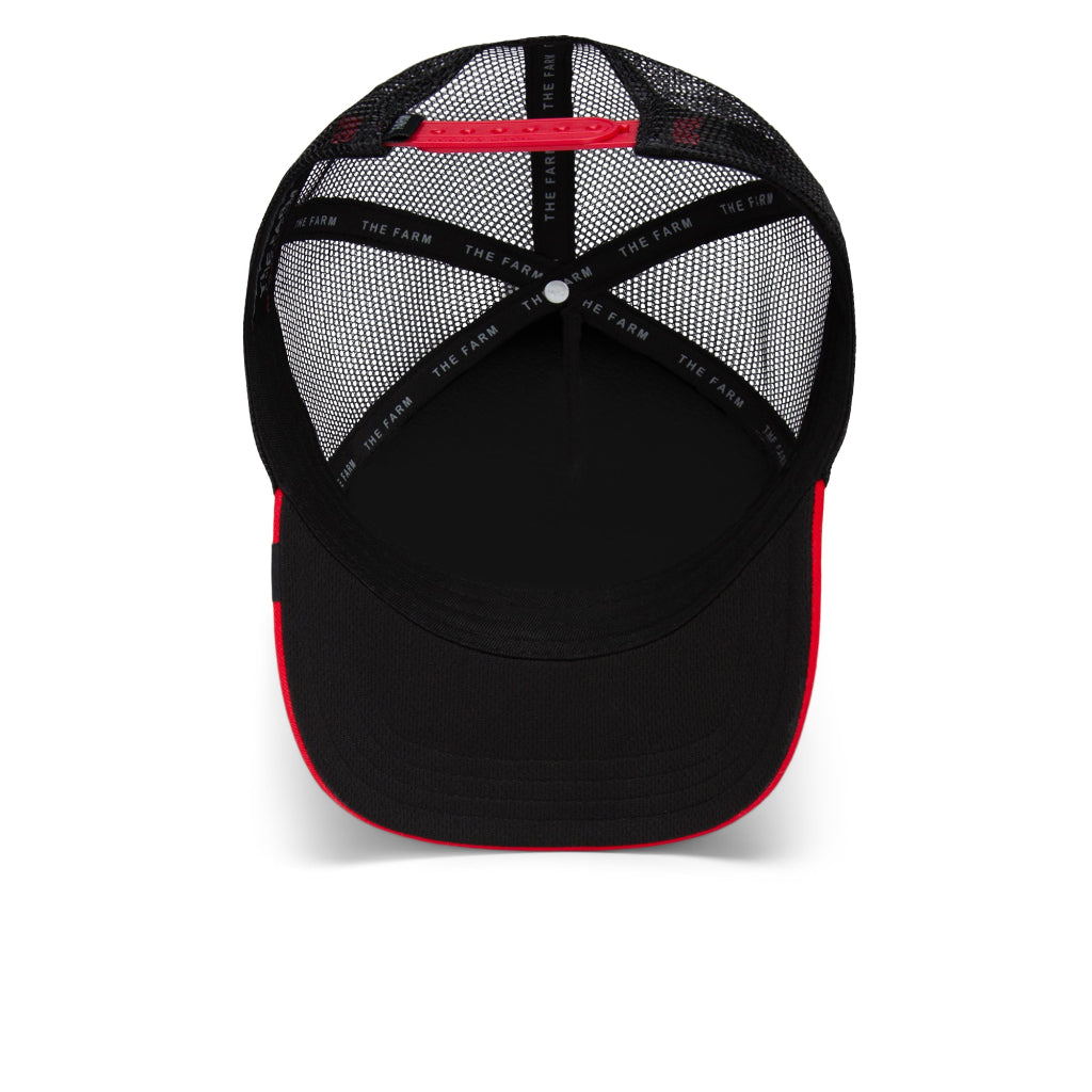 Schwarze Trucker-Cap mit rotem Rand und Netzr�ckseite, verstellbarer Verschluss.