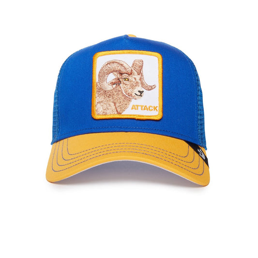 Blau-gelbe Trucker-Cap mit gesticktem Steinbock und Schriftzug "Attack" vorne.
