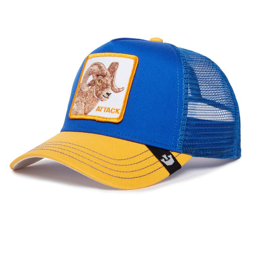 Blaues Trucker-Cap mit gelbem Schirm und gesticktem Steinbock-Patch mit Schriftzug "Attack".