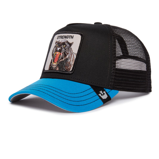Schwarze Trucker-Cap mit blauem Schirm, Panther-Stickerei und Netzrückseite.