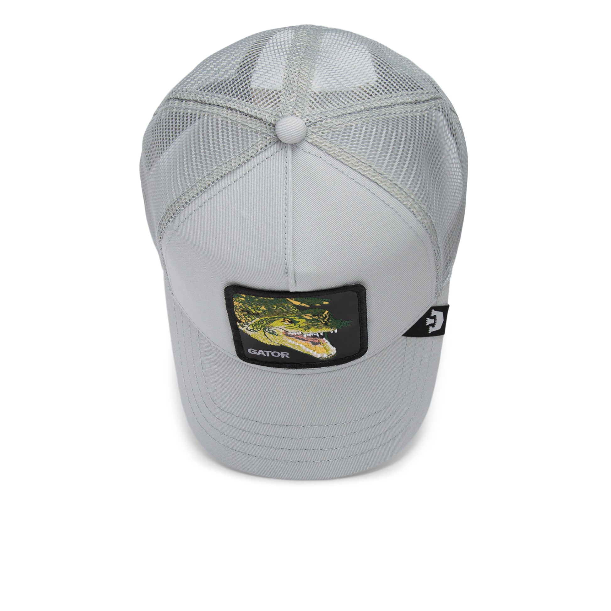Graue Trucker-Cap mit grünem Krokodil-Patch und Netzrückseite.