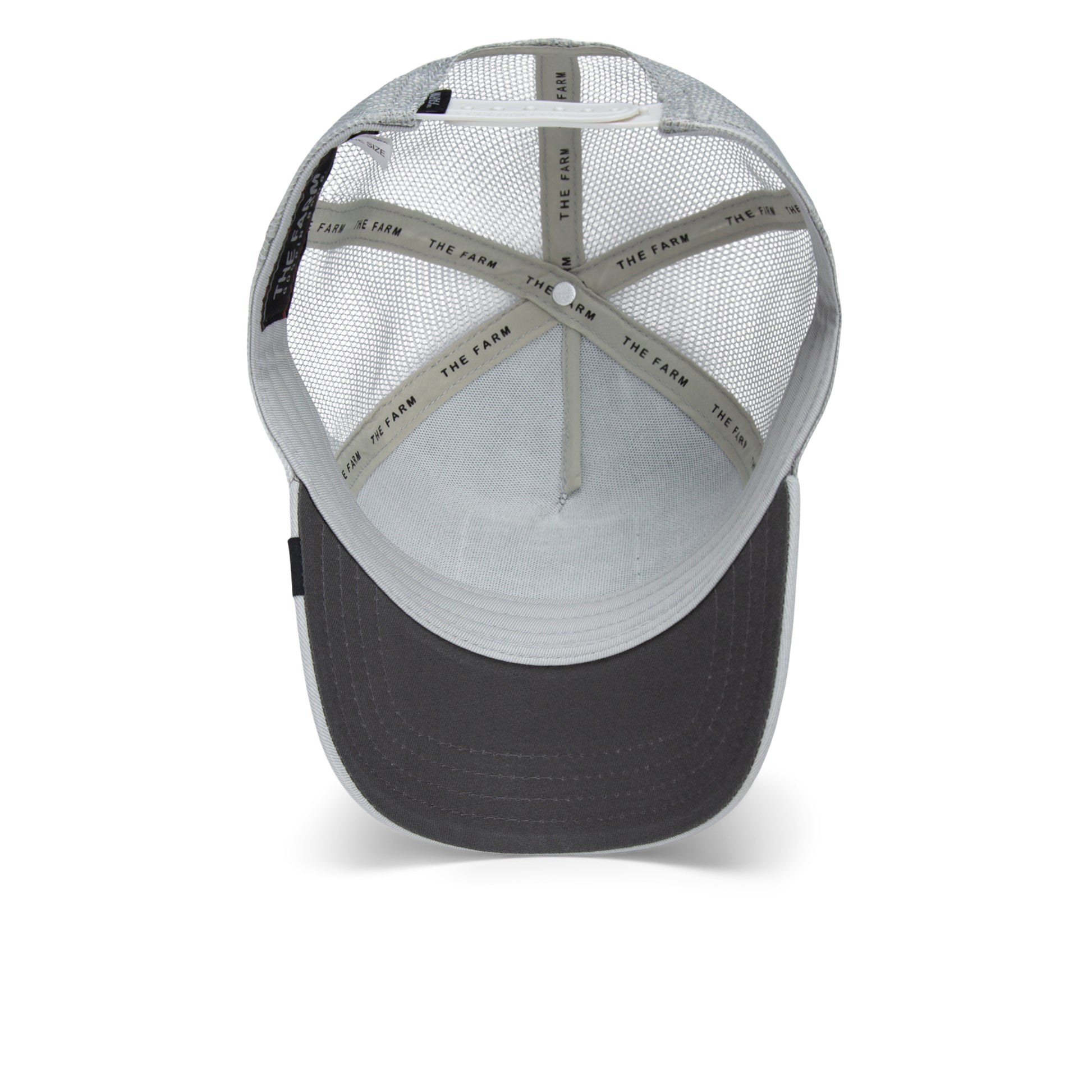 Schwarzes Trucker-Cap mit weißem Innenfutter und verstellbarem Riemen, rustikaler Look.