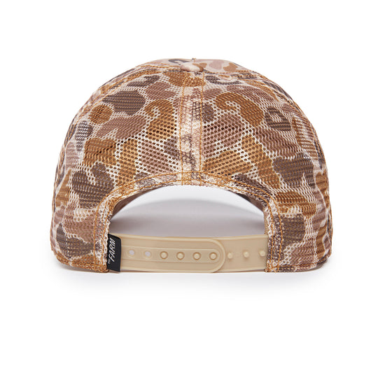 Braune Trucker-Cap mit Camouflage-Muster und verstellbarem Kunststoffverschluss.