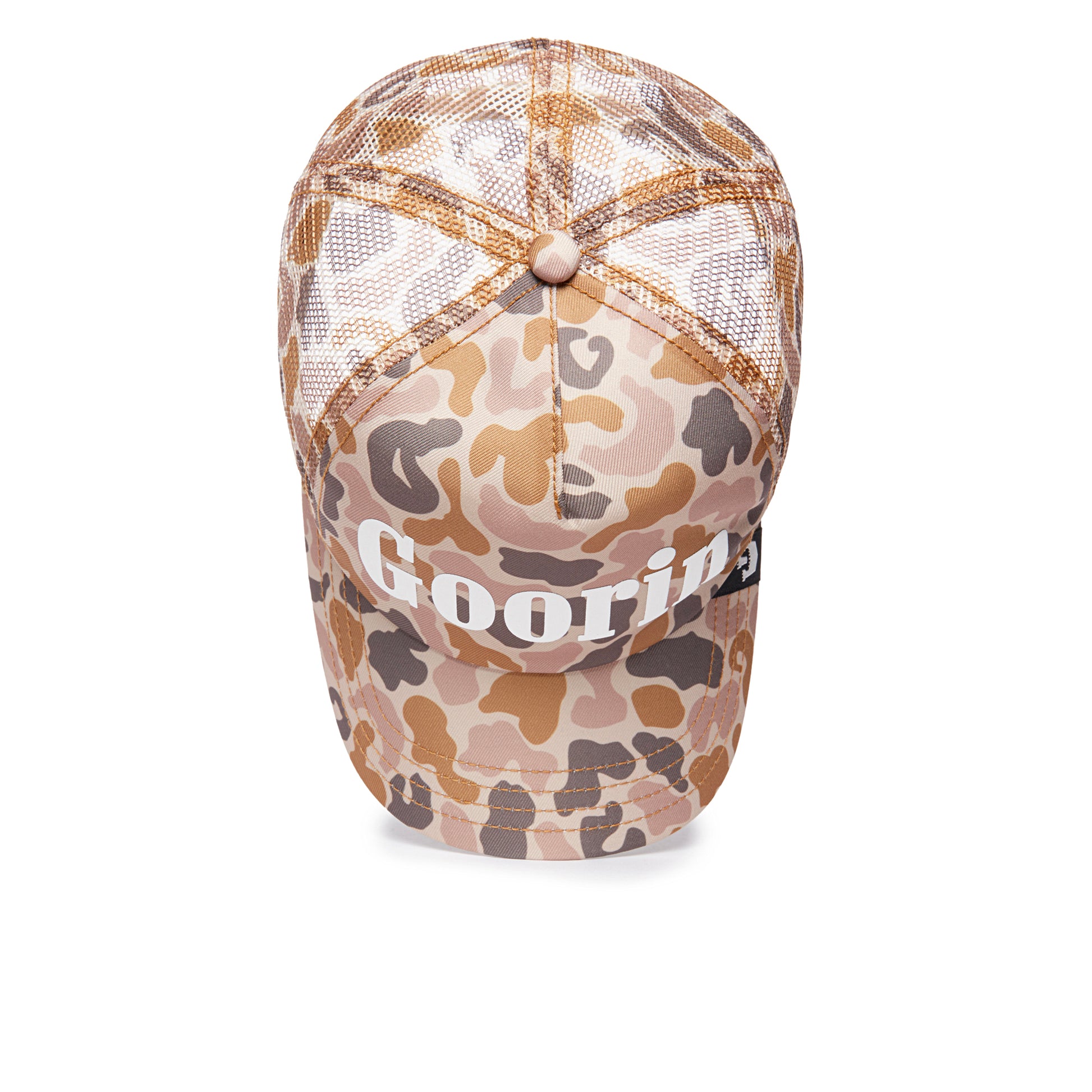 Braune Trucker-Cap mit beigem und braunem Tarnmuster und weißem Goorin-Logo vorne.