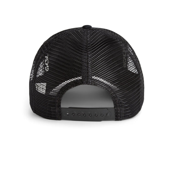 Schwarze Goorin Bros Trucker-Cap mit verstellbarem Snapback-Verschluss aus Mesh-Material.