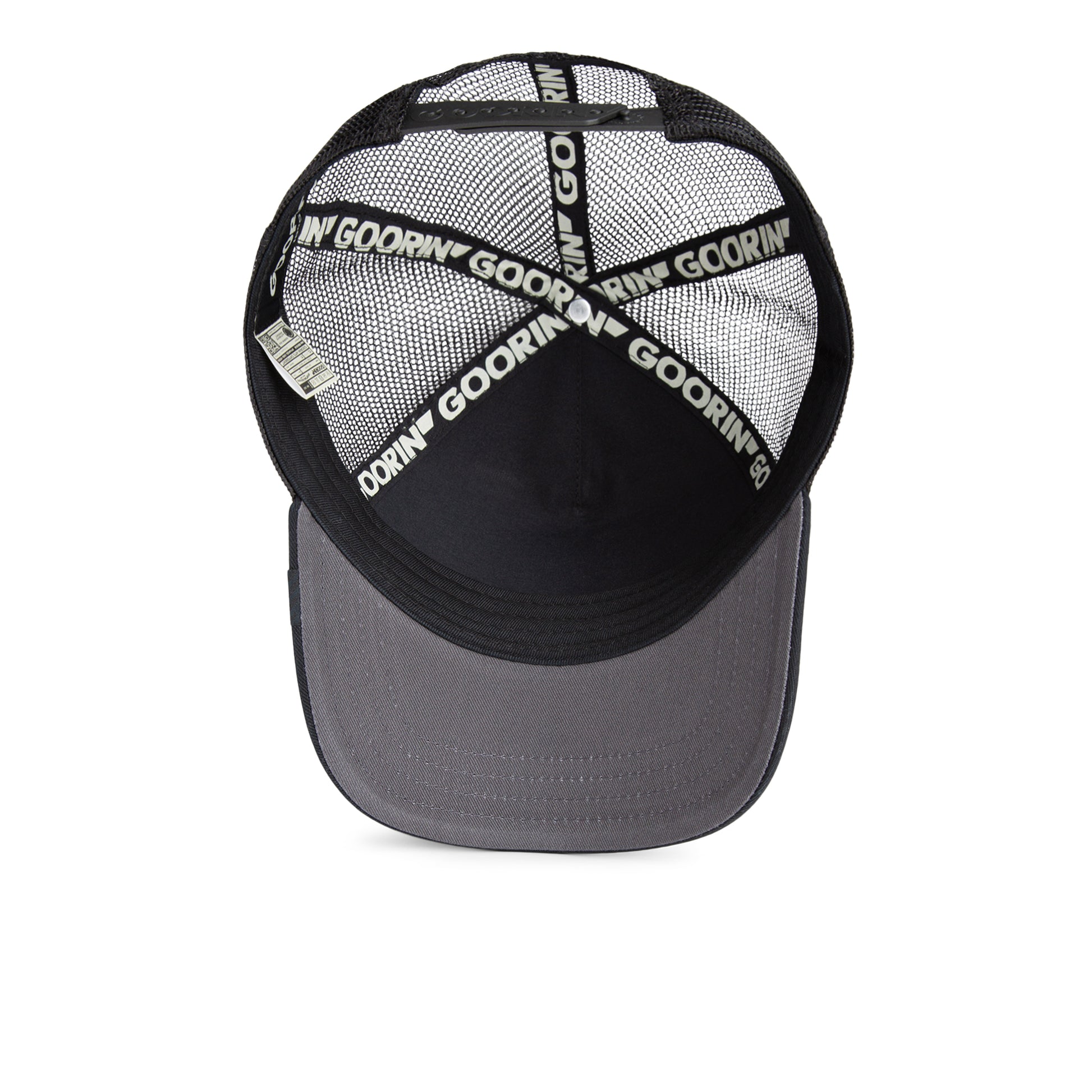 Schwarze Trucker-Cap mit grauem Schirm und weißem Goorin Bros Schriftzug innen.