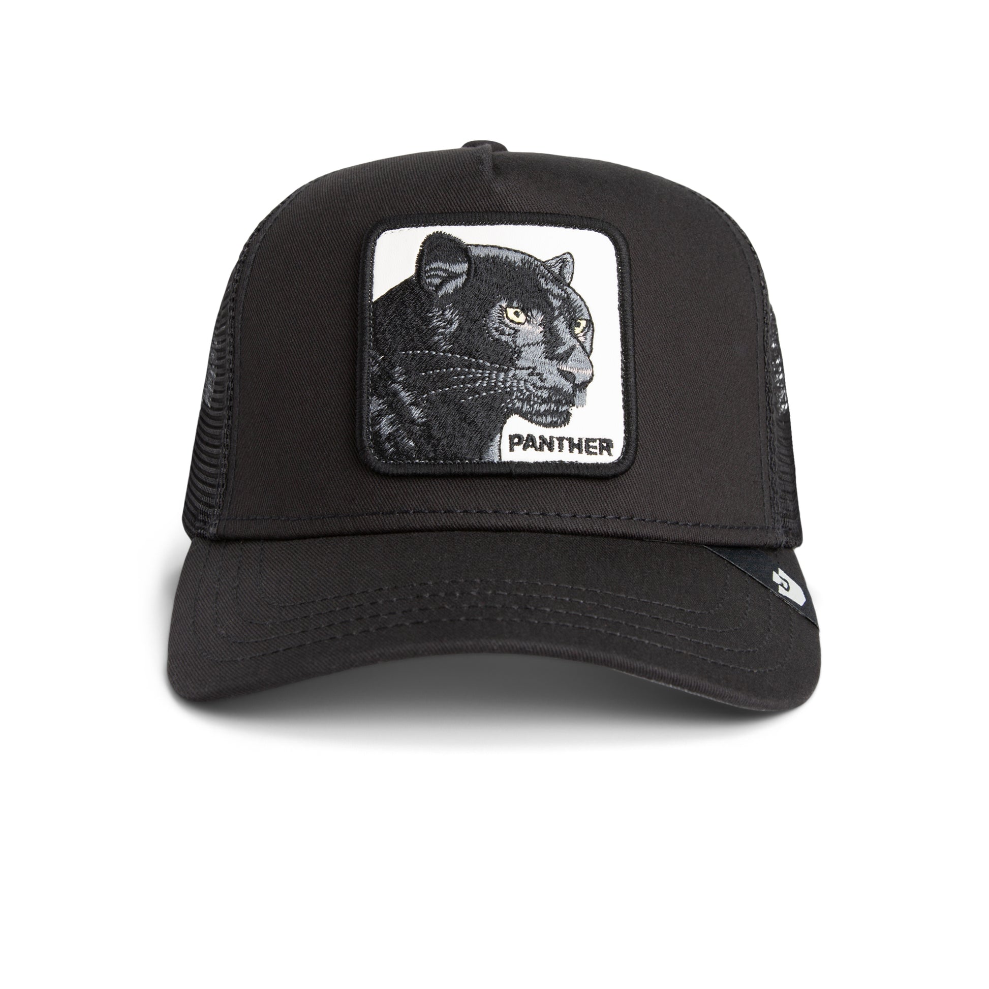 Schwarze Trucker-Cap mit schwarzem Panther-Logo und weißem Schriftzug "Panther" vorne.