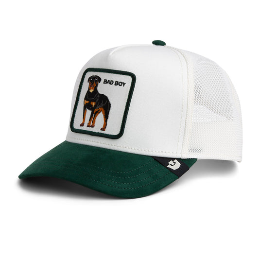 Weiß-grüne Trucker Cap aus Mikrofaser mit besticktem Bad Boy Hunde-Patch und verstellbarem Netzrücken.