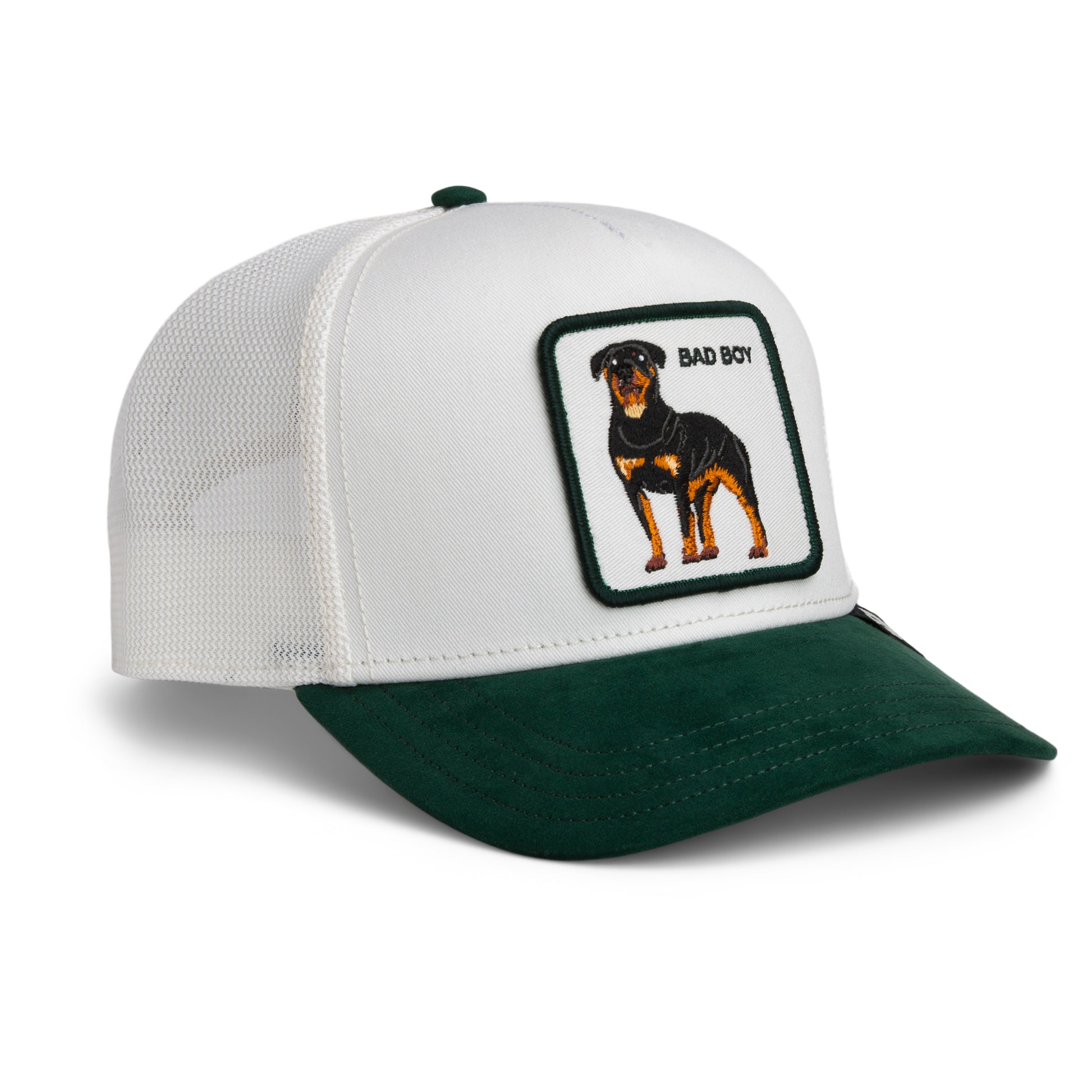 Goorin Trucker Cap mit weißem Netzrücken und grünem Wildleder-Schirm, Applikation mit Hund und Schriftzug "Bad Boy".