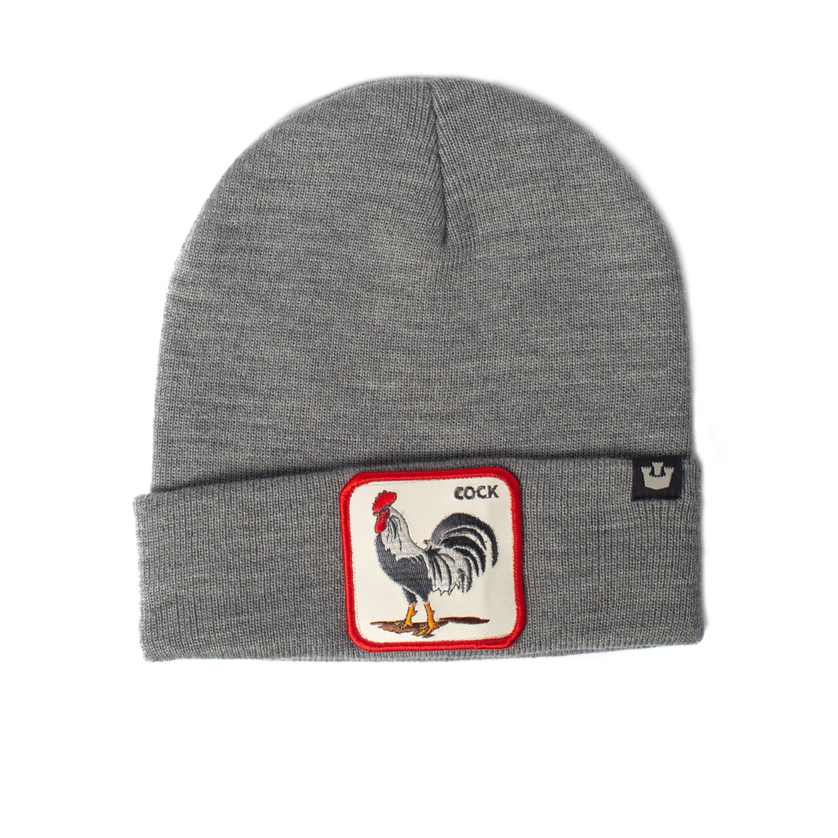 Grau melierte Beanie mit Umschlag und gesticktem Hahn-Patch vorne.