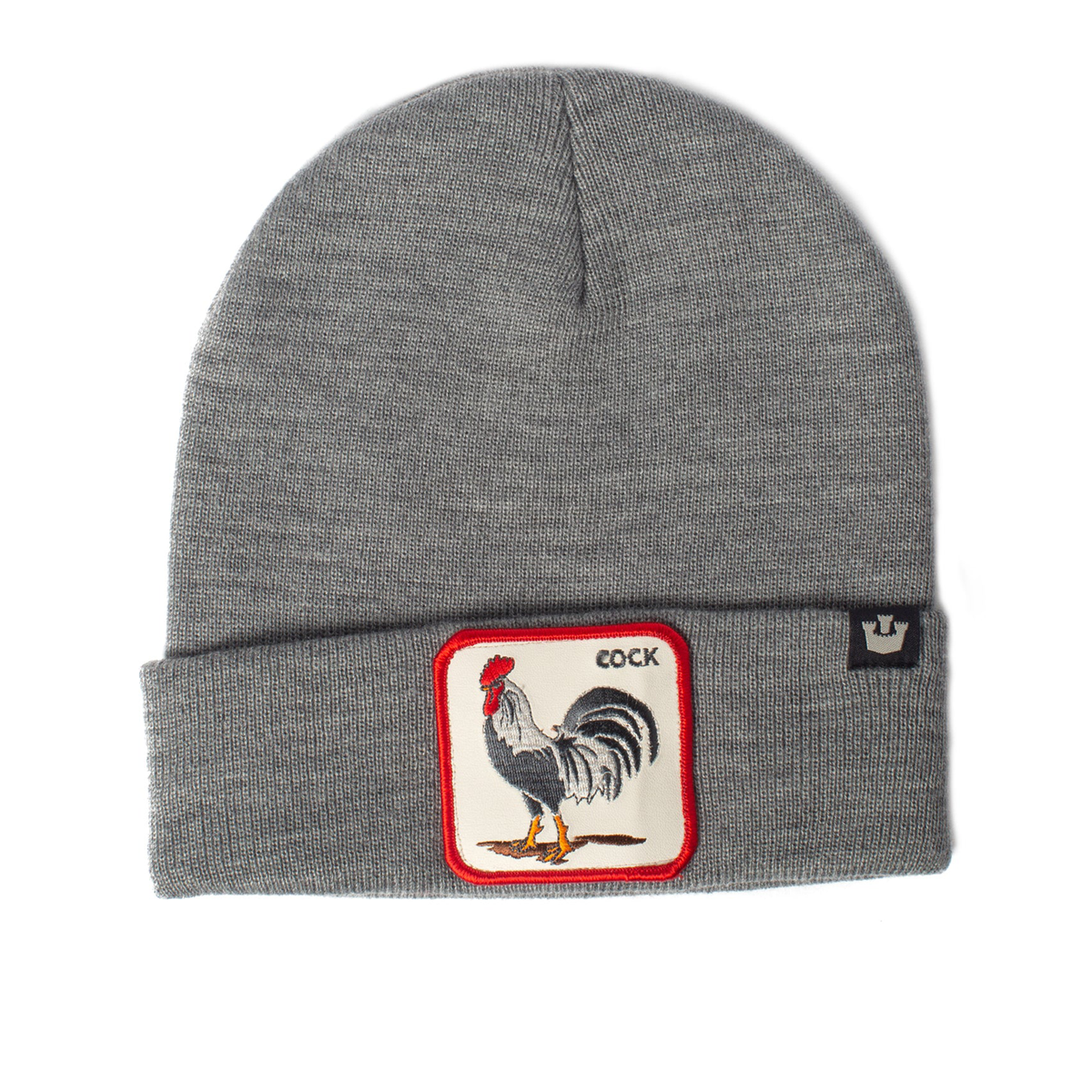 Grau melierte Beanie mit Umschlag und gesticktem Hahn-Patch vorne.