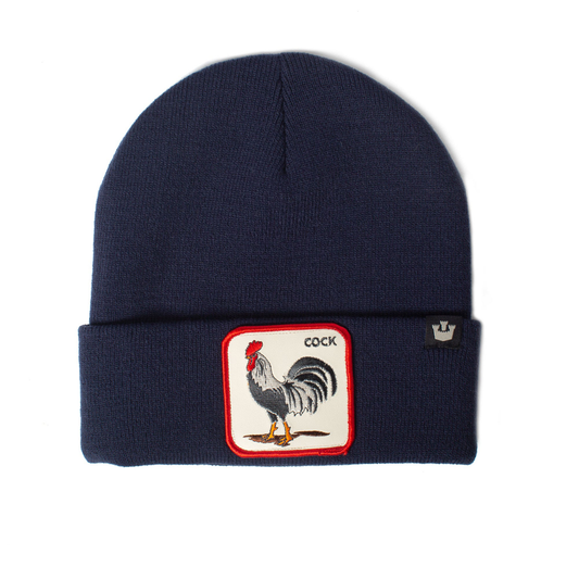 Dunkelblaues Goorin Beanie mit eingesticktem Hahn-Emblem auf der Umschlagkante.