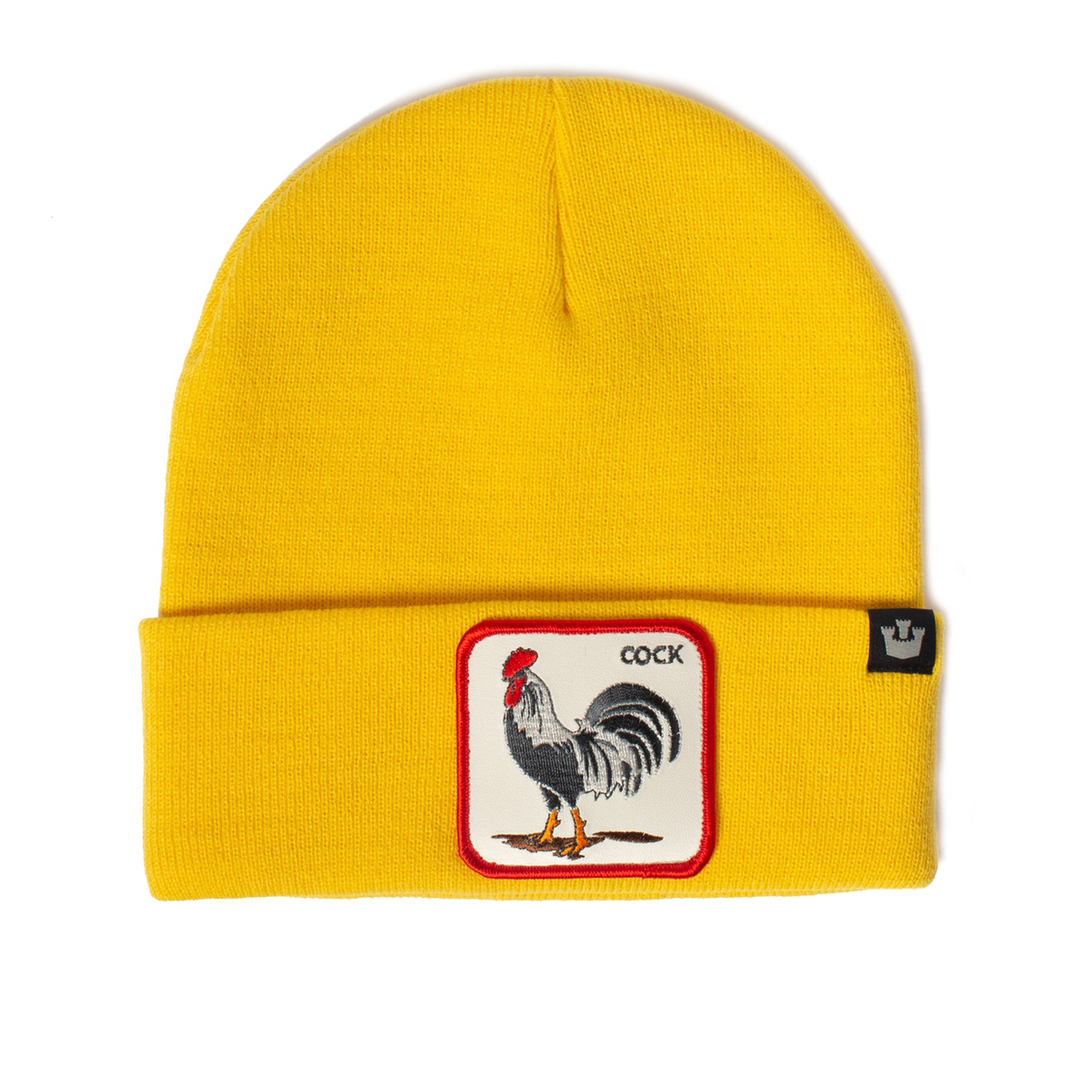 Gelbe Goorin Wintermütze mit aufgenähtem Hahn-Patch und Umschlagrand.