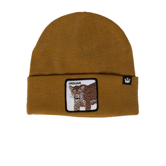 Senffarbene Beanie mit aufgenähtem Jaguar-Patch und mittlerer Umschlagkante.