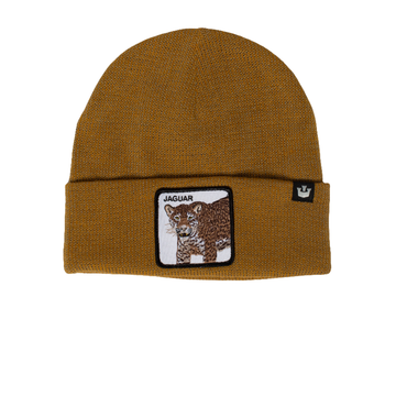 Senffarbene Beanie mit aufgenähtem Jaguar-Patch und mittlerer Umschlagkante.