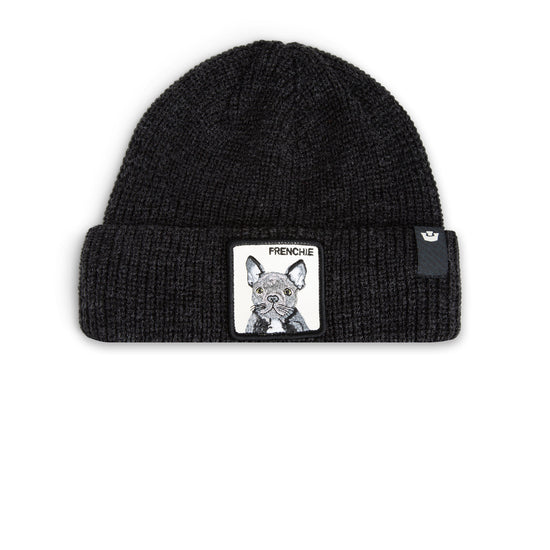 Schwarze gestrickte Beanie mit französischer Bulldoggen-Stickerei und Umschlagkante.
