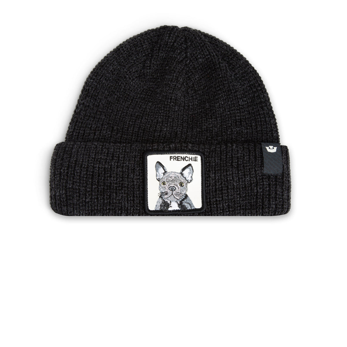 Schwarze gestrickte Beanie mit französischer Bulldoggen-Stickerei und Umschlagkante.