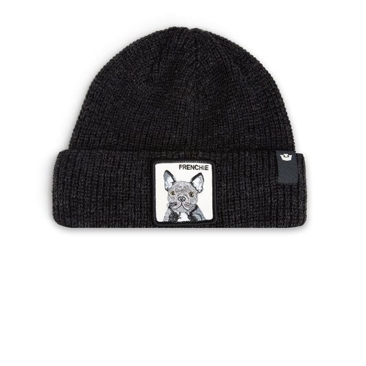 Schwarze gestrickte Beanie mit französischer Bulldoggen-Stickerei und Umschlagkante.