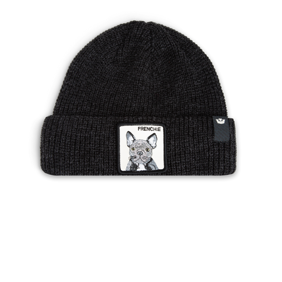 Schwarze gestrickte Beanie mit französischer Bulldoggen-Stickerei und Umschlagkante.