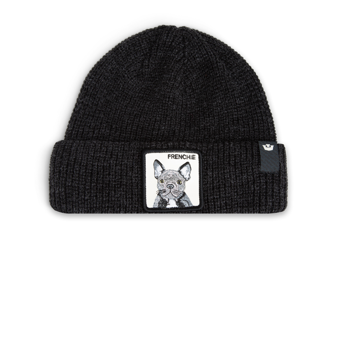Schwarze gestrickte Beanie mit französischer Bulldoggen-Stickerei und Umschlagkante.