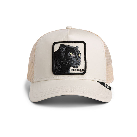 Beige Goorin Trucker Cap mit schwarzem Panthermotiv und Netzrückseite für Kinder.