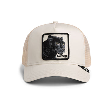 Beige Goorin Trucker Cap mit schwarzem Panthermotiv und Netzrückseite für Kinder.