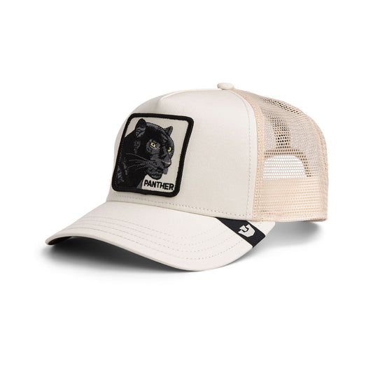 Beige Goorin Trucker Cap für Kinder mit schwarzem Panther-Patch und Mesh-Rückseite.